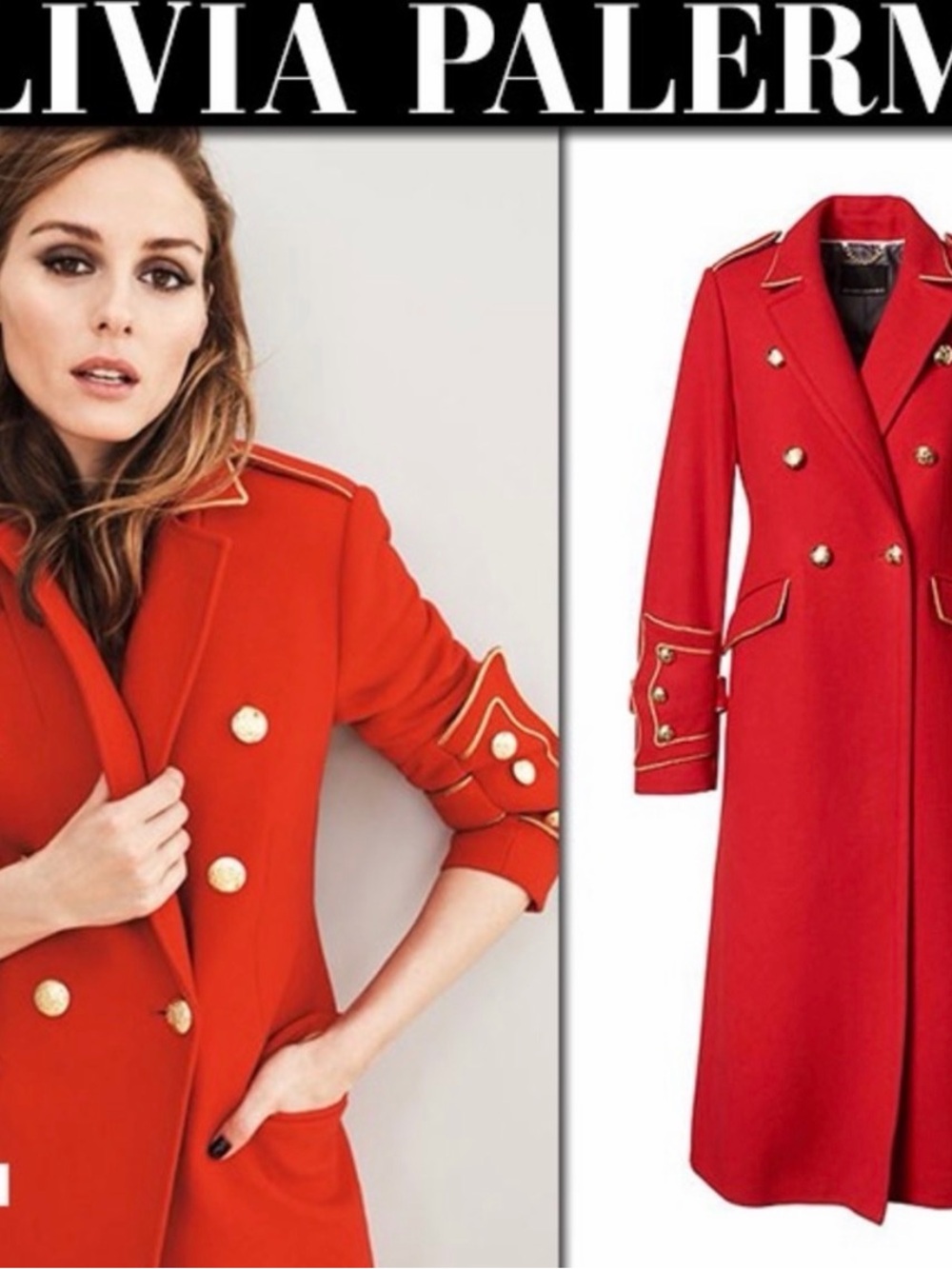 Olivia Palermo designed red wool military coat with gold buttons size Small